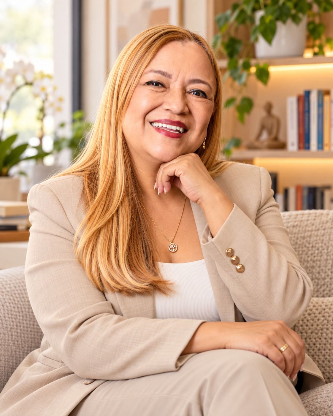 Hellen Xavier de blazer bege, sorrindo, com a mão próxima ao queixo, no consultório