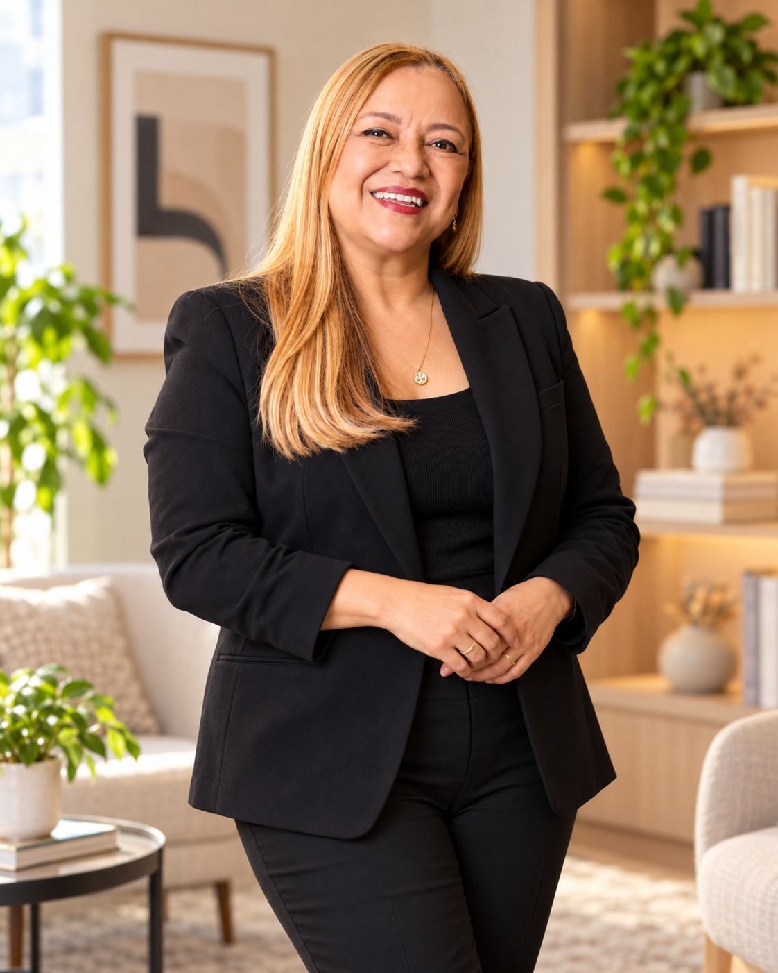 Hellen Xavier em pé, de blazer preto, sorrindo no consultório