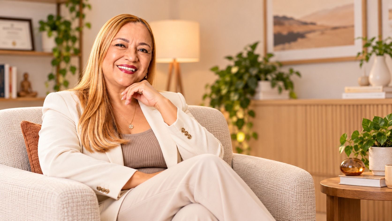Consultório da Hellen: poltrona clara, plantas, luminária e madeira