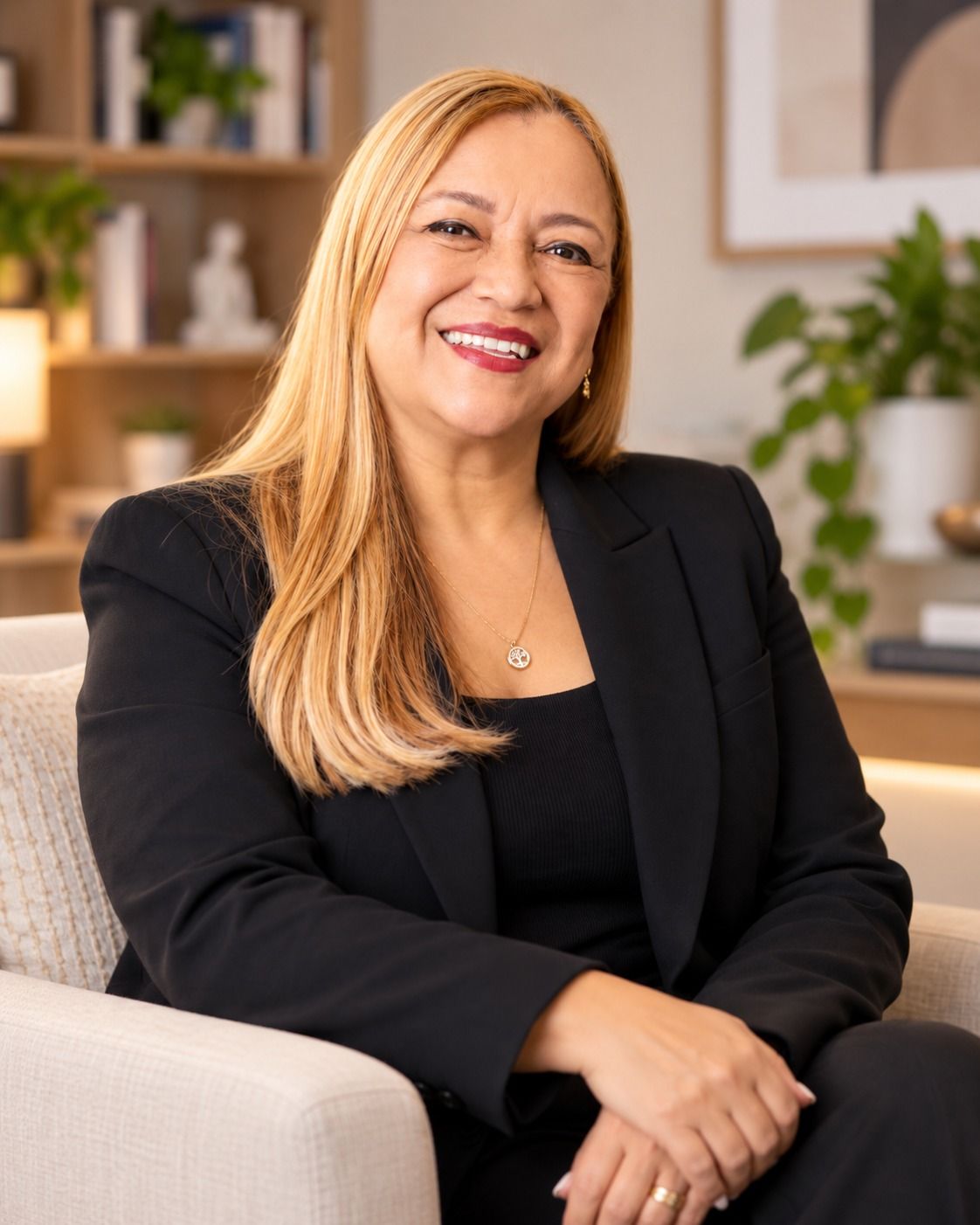 Hellen Xavier sentada em uma poltrona no consultório, de blazer preto